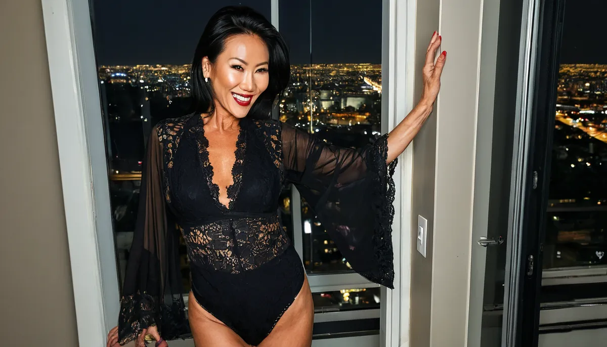 Woman with a black bob in a black lace bodysuit by a window at night, AI-generated decorative image